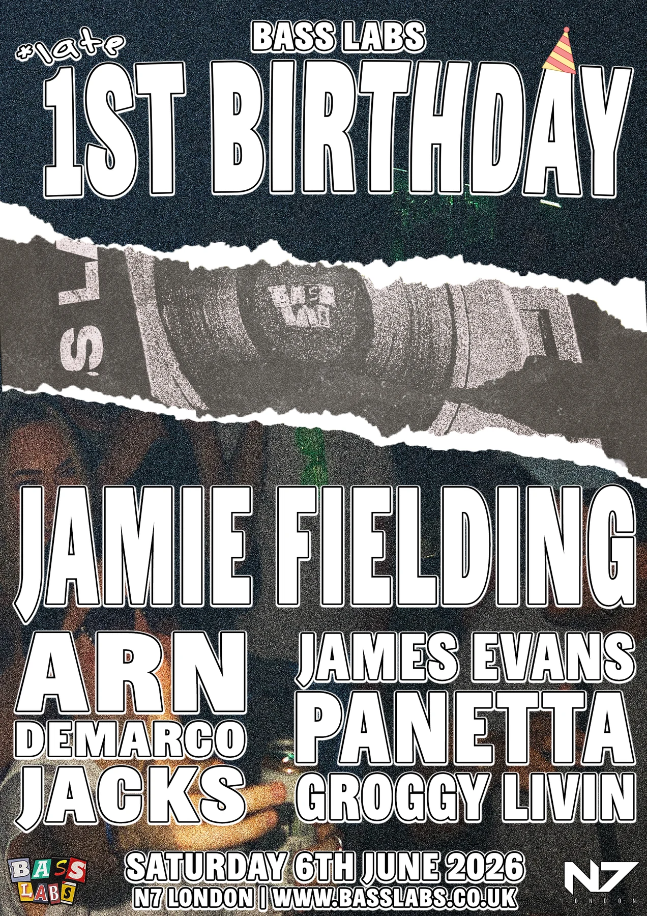 Official Bass Labs First Birthday poster featuring Jamie Fielding and the full lineup
