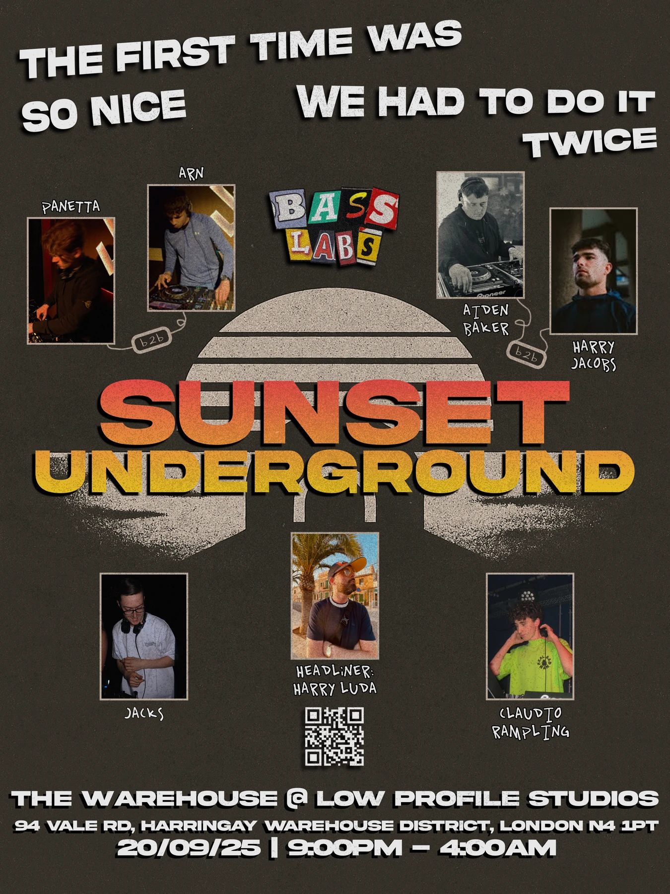 Official Bass Labs Sunset Underground poster featuring Harry Luda and the full lineup